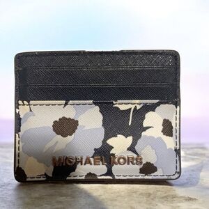 Michael Kors Floral Cardholder Wallet Black White Slim ID Case